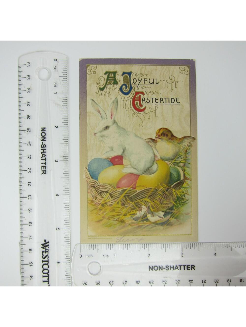 Easter White Rabbit & Chick  Sit on Colored Eggs in Basket Embossed Antique - Picture 8 of 16